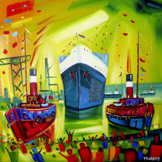The image depicts a colorful, abstract painting of boats in a harbor with vibrant brushstrokes and a whimsical style. By Raymond Murray